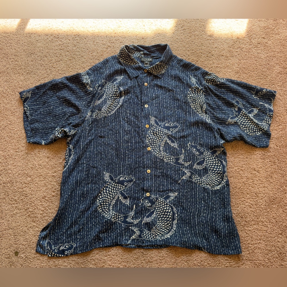 citron 100% silk short sleeve button up shirt XXL navy blue koi fish embroidered